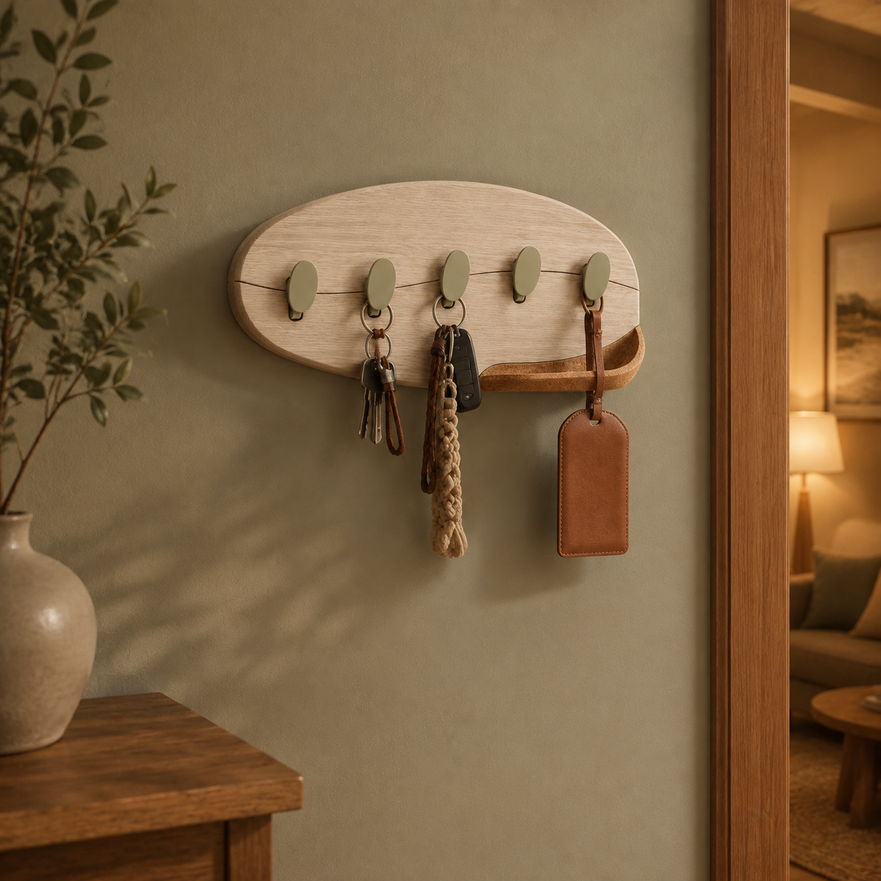 Organiseur mural pour clés en frêne clair avec 5 crochets et vide-poche en liège – 32 × 18 cm