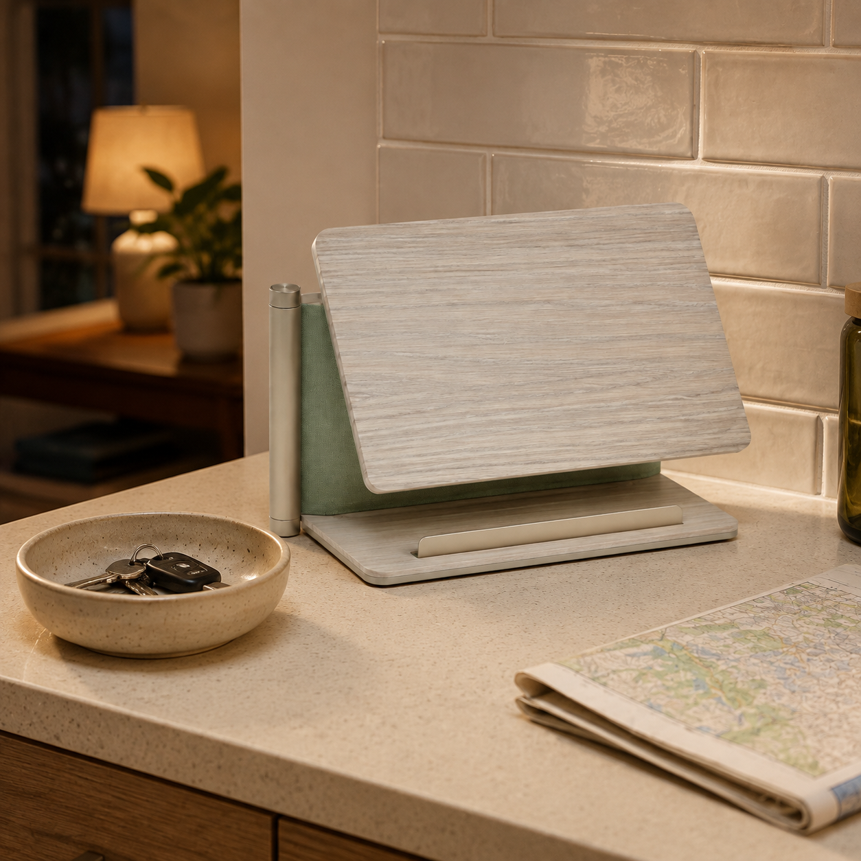 Porte-livret d’accueil pliable en frêne avec support téléphone – 24 × 18 cm
