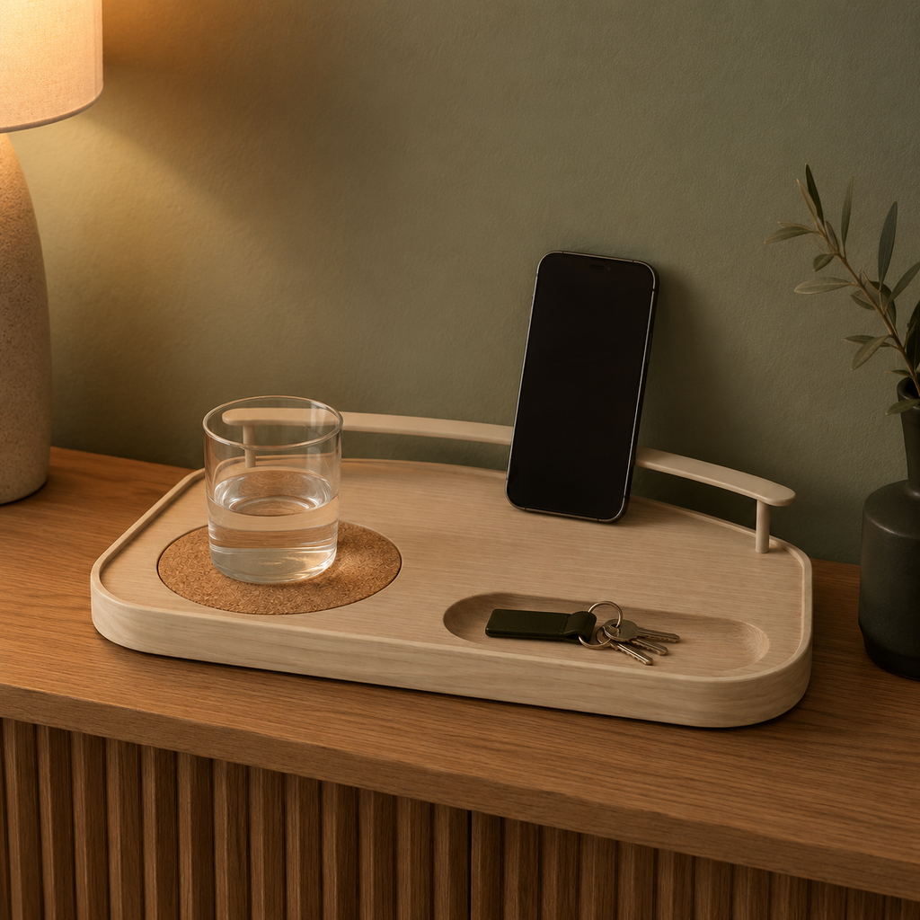Plateau d’accueil en frêne avec sous-tasse et vide-poche – 38 × 24 cm