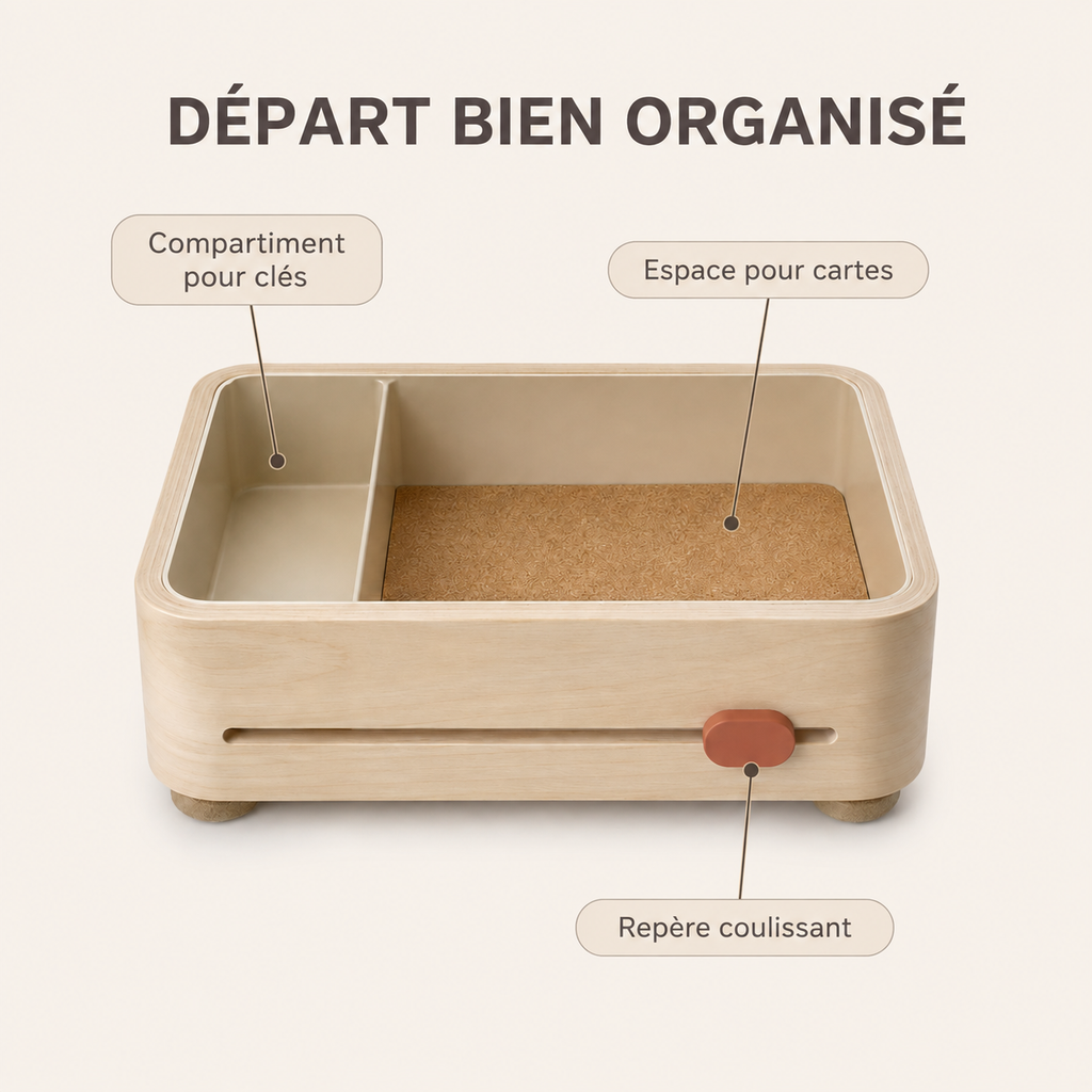 Vide-poche d’entrée en bouleau avec compartiments pour clés et cartes – 28 cm