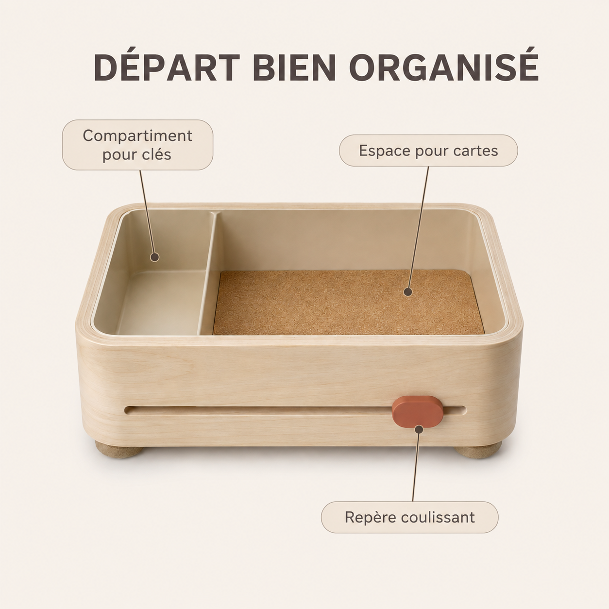 Vide-poche d’entrée en bouleau avec compartiments pour clés et cartes – 28 cm
