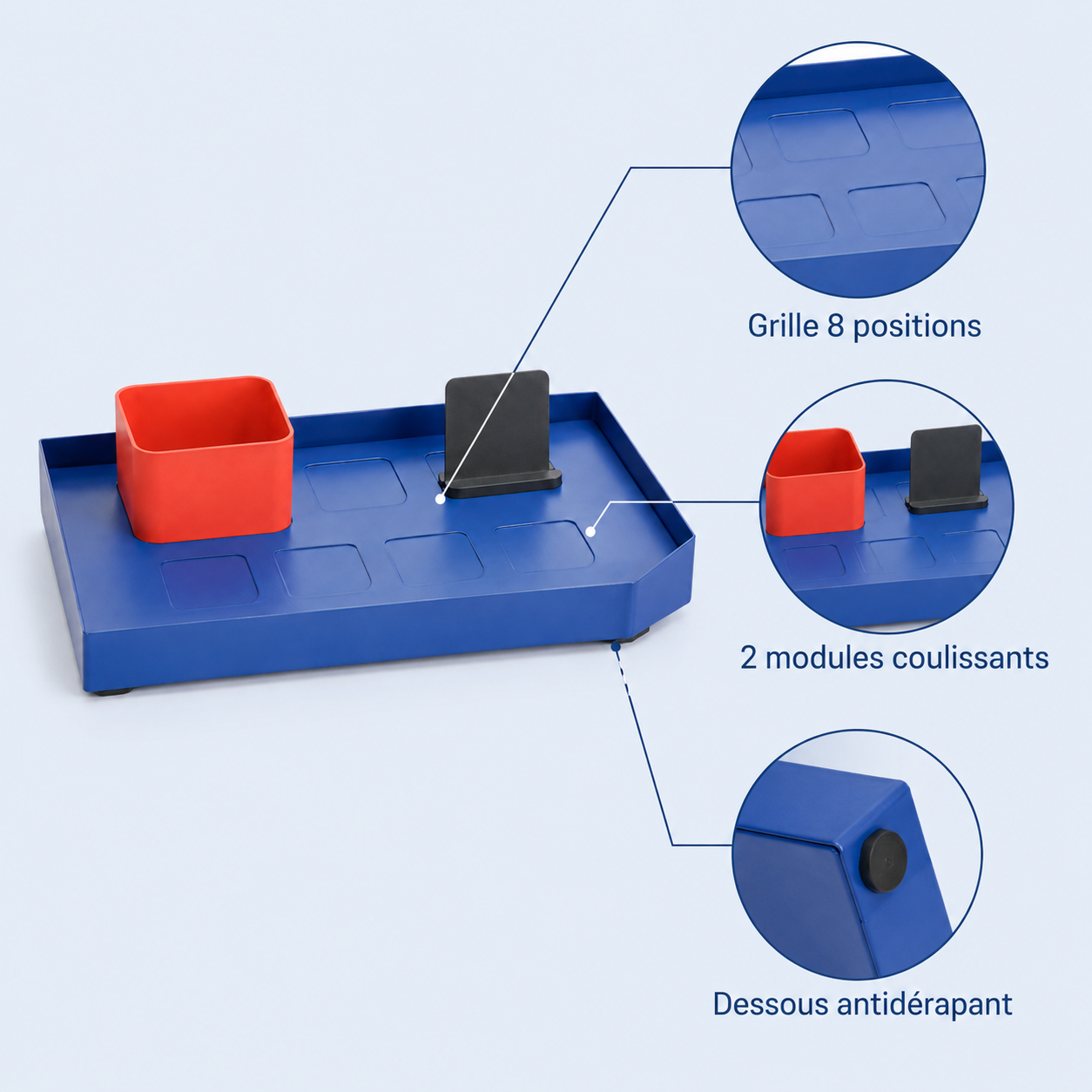 Plateau d’accueil modulaire en acier avec 2 modules mobiles – 40 × 26 cm