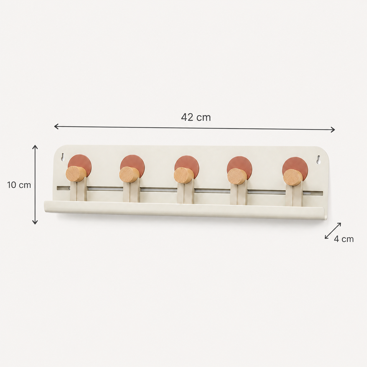 Porte-clés mural modulable avec 5 crochets en hêtre et tablette – 42 cm