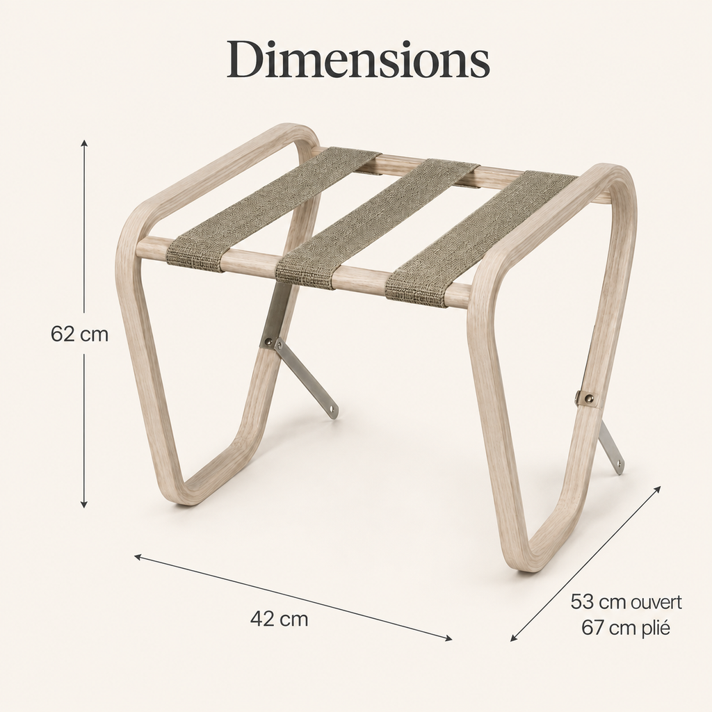 Porte-bagages pliable en frêne clair avec 3 sangles tissées – 62 cm