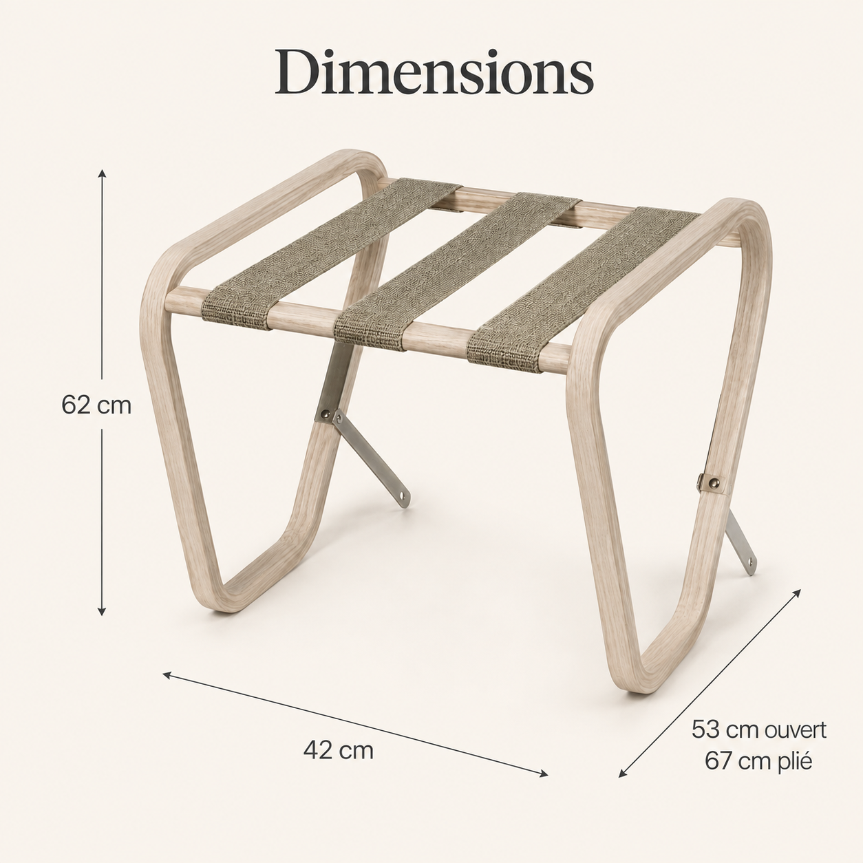 Porte-bagages pliable en frêne clair avec 3 sangles tissées – 62 cm