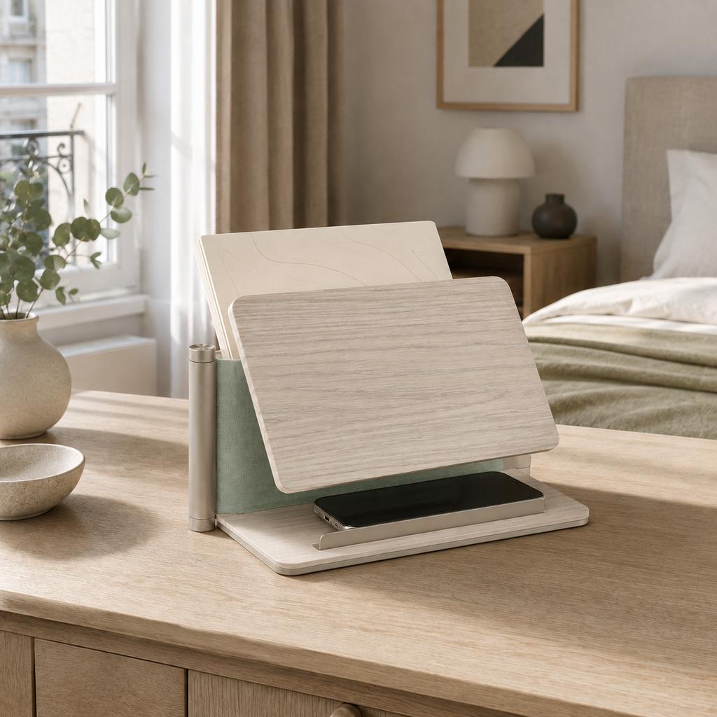 Porte-livret d’accueil pliable en frêne avec support téléphone – 24 × 18 cm