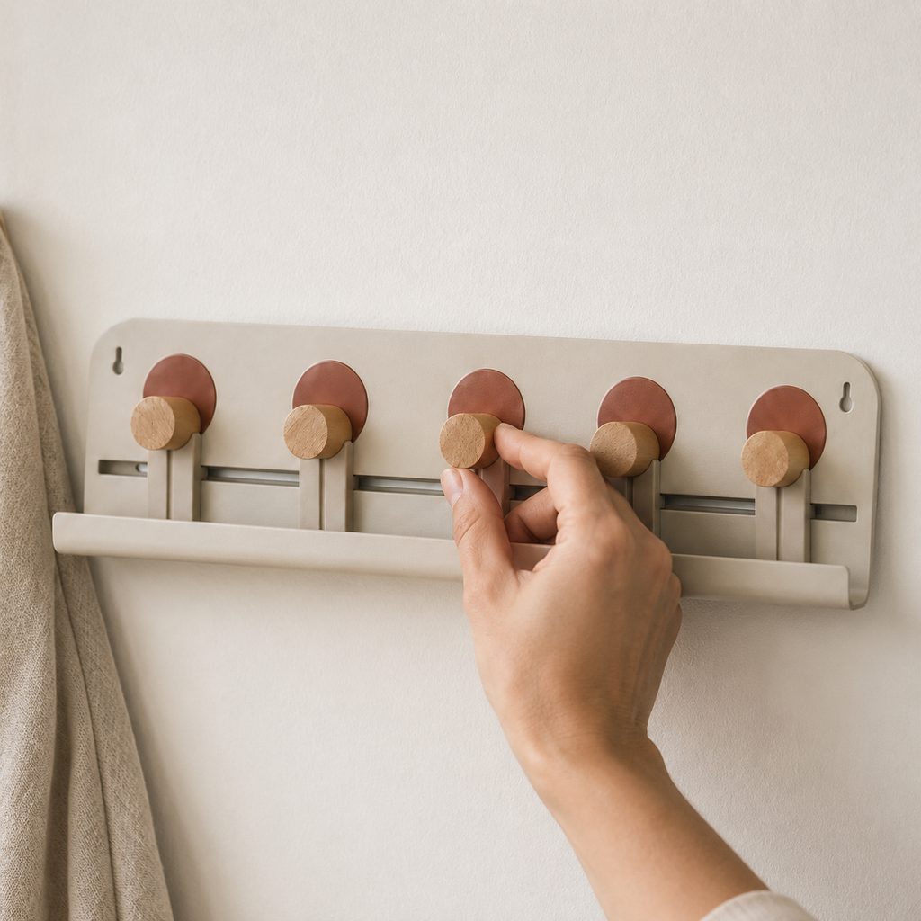 Porte-clés mural modulable avec 5 crochets en hêtre et tablette – 42 cm