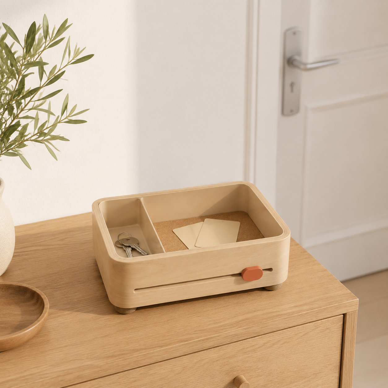 Vide-poche d’entrée en bouleau avec compartiments pour clés et cartes – 28 cm