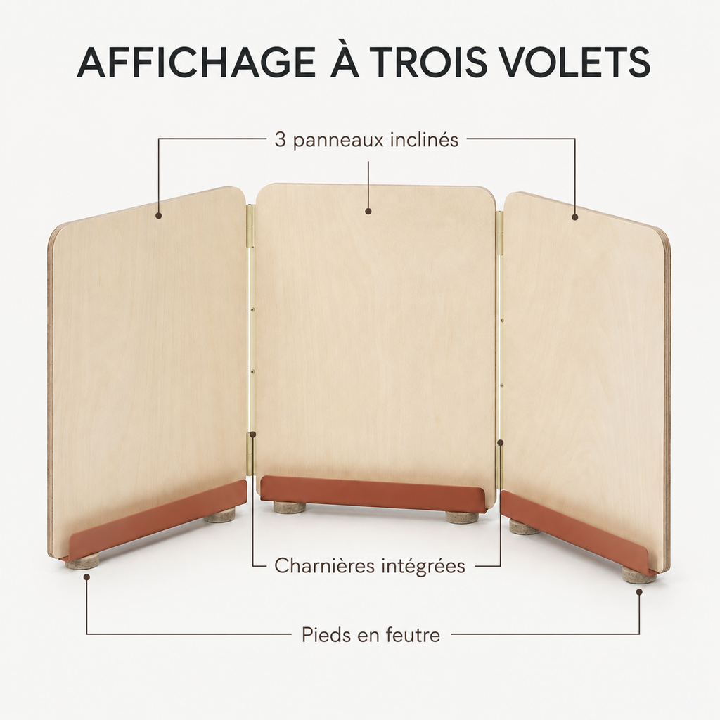 Présentoir de table pliable à 3 volets en bois – 26 × 16 cm