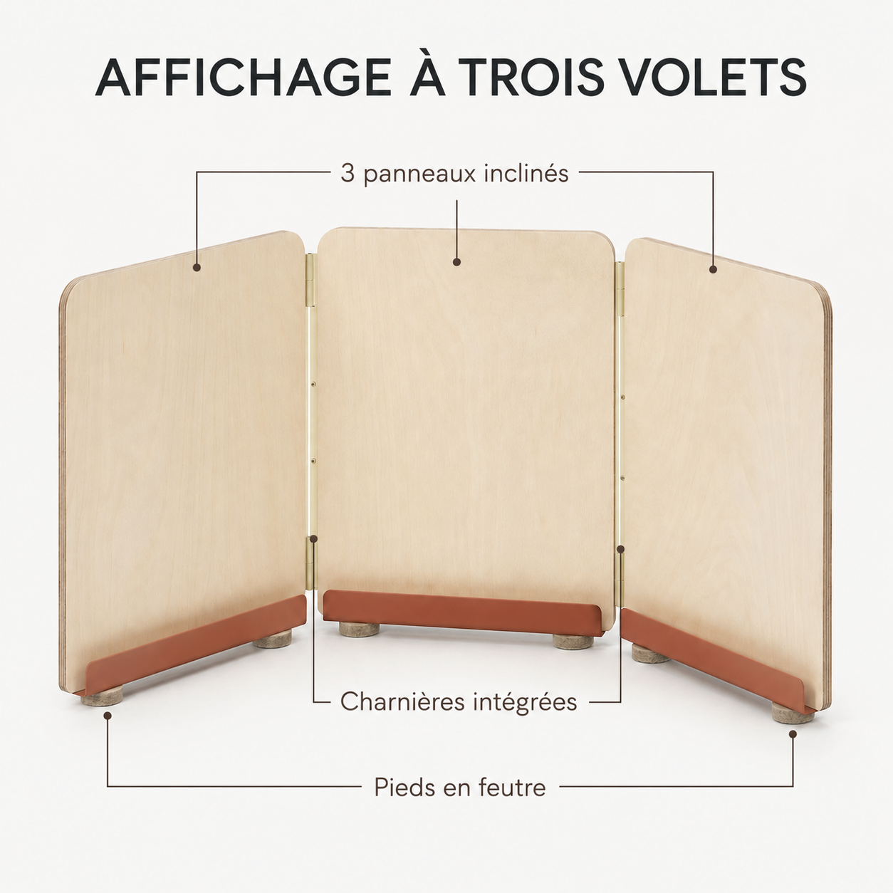 Présentoir de table pliable à 3 volets en bois – 26 × 16 cm