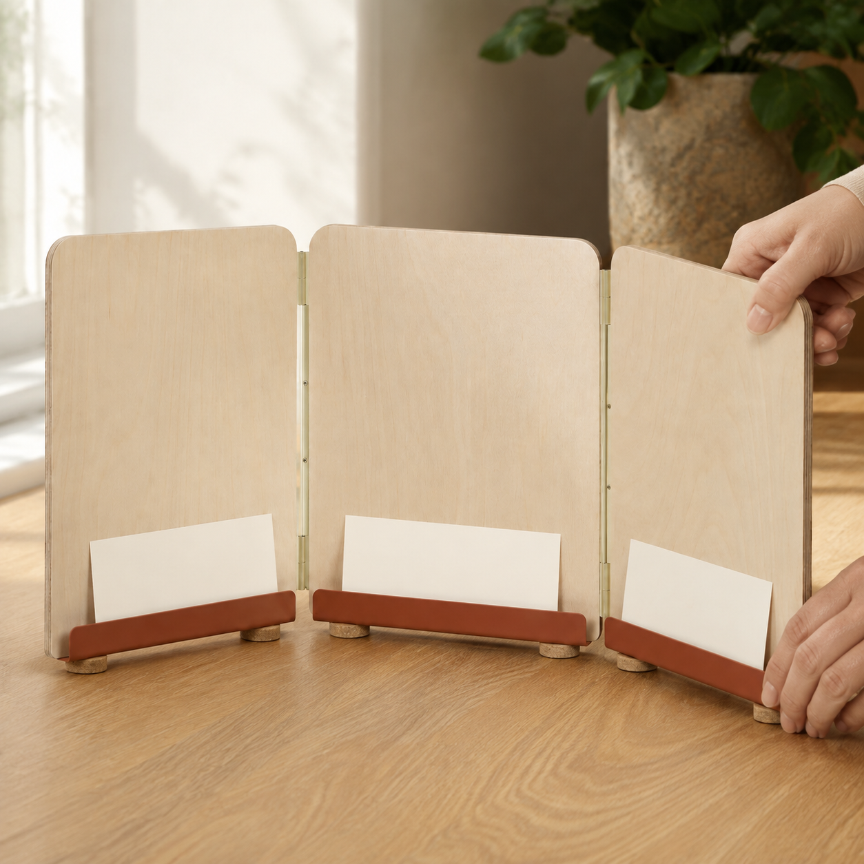 Présentoir de table pliable à 3 volets en bois – 26 × 16 cm