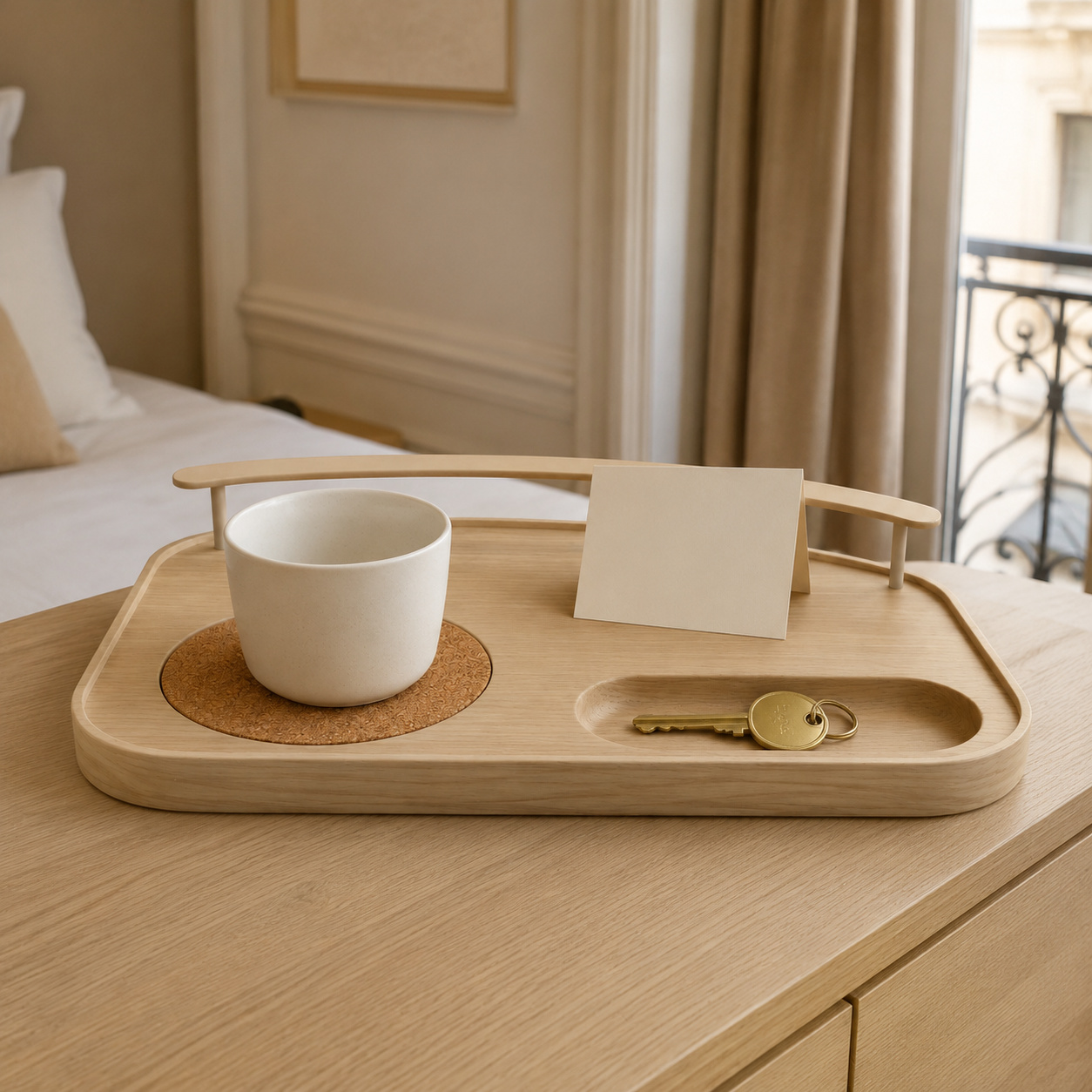 Plateau d’accueil en frêne avec sous-tasse et vide-poche – 38 × 24 cm