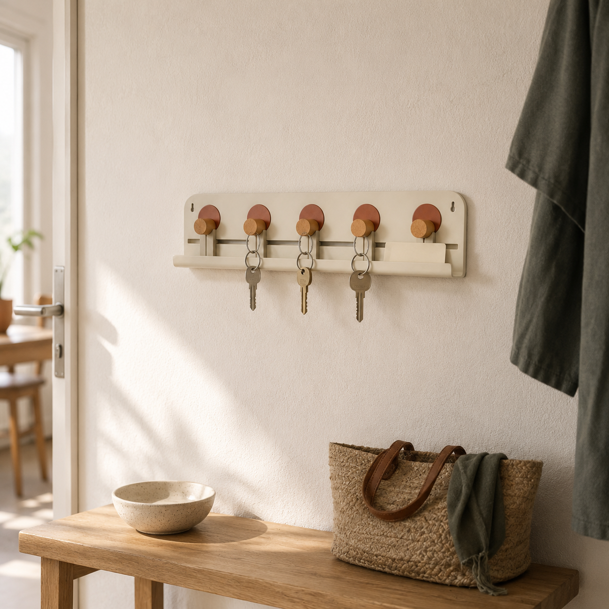 Porte-clés mural modulable avec 5 crochets en hêtre et tablette – 42 cm