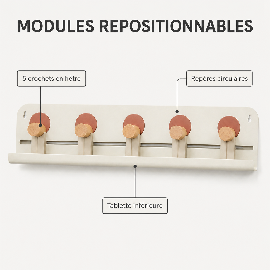 Porte-clés mural modulable avec 5 crochets en hêtre et tablette – 42 cm