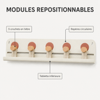 Porte-clés mural modulable avec 5 crochets en hêtre et tablette – 42 cm