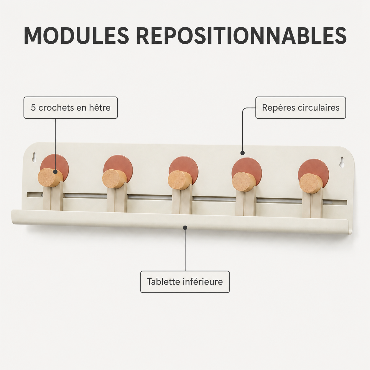 Porte-clés mural modulable avec 5 crochets en hêtre et tablette – 42 cm