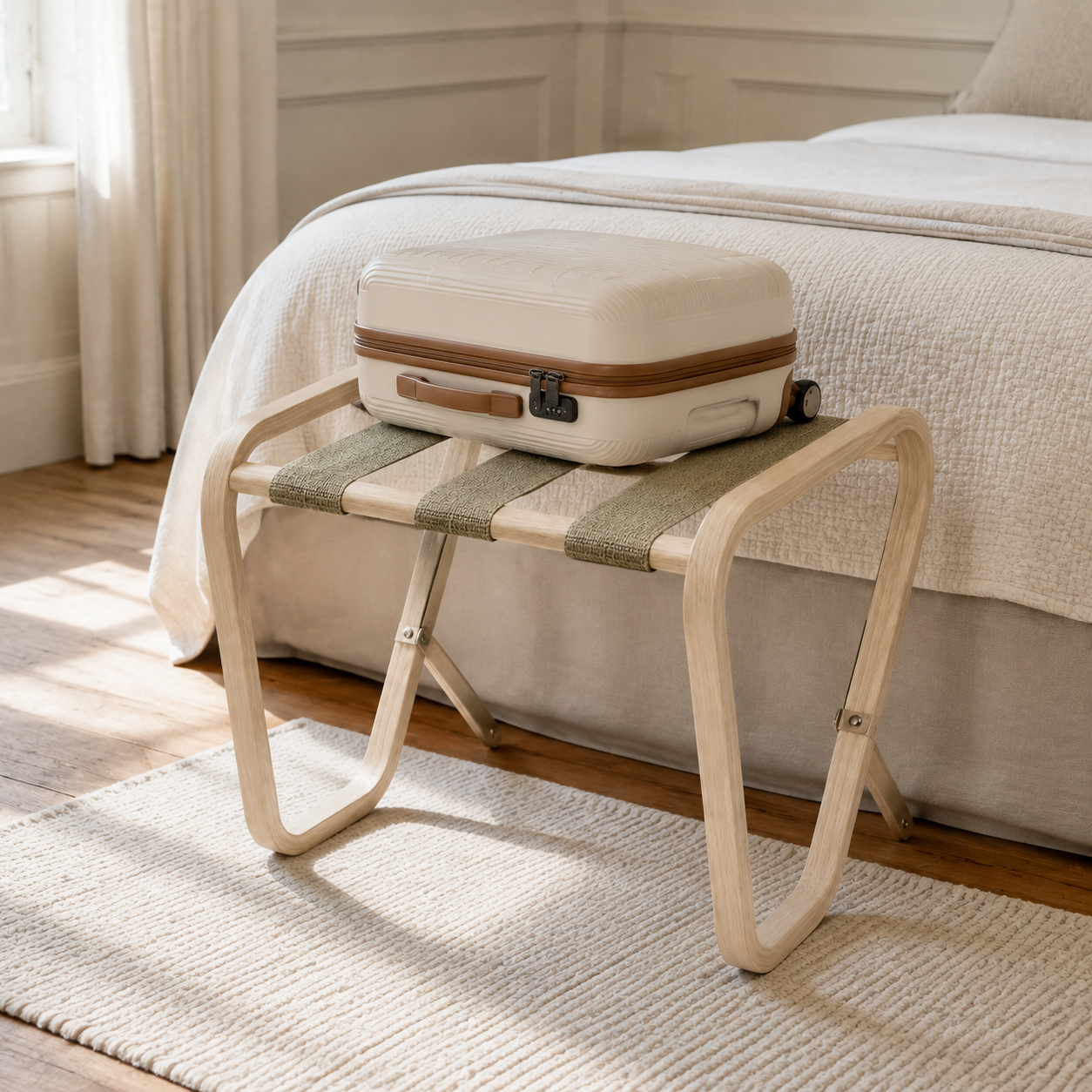 Porte-bagages pliable en frêne clair avec 3 sangles tissées – 62 cm