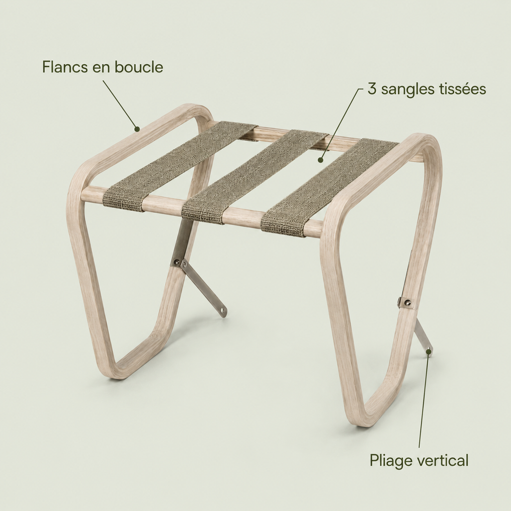 Porte-bagages pliable en frêne clair avec 3 sangles tissées – 62 cm
