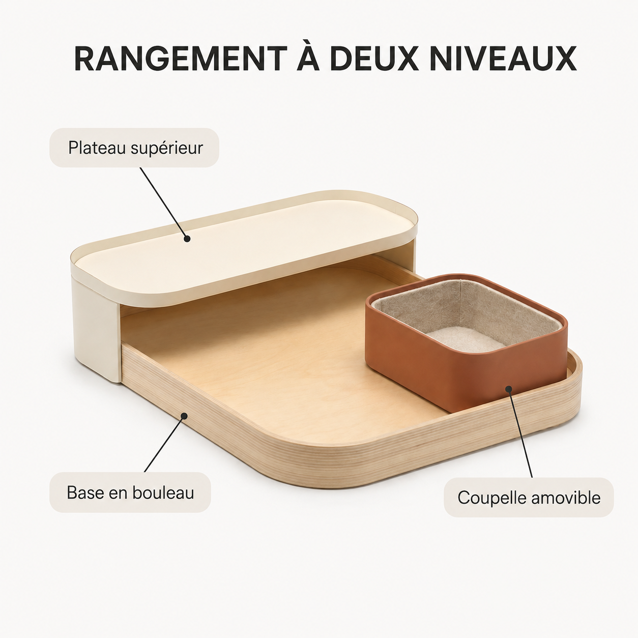 Organiseur d’entrée à 2 niveaux en bouleau avec coupelle amovible – 32 cm