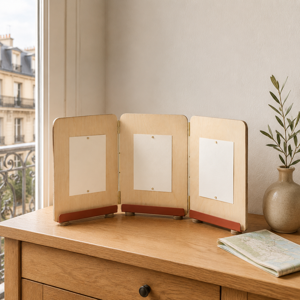 Présentoir de table pliable à 3 volets en bois – 26 × 16 cm
