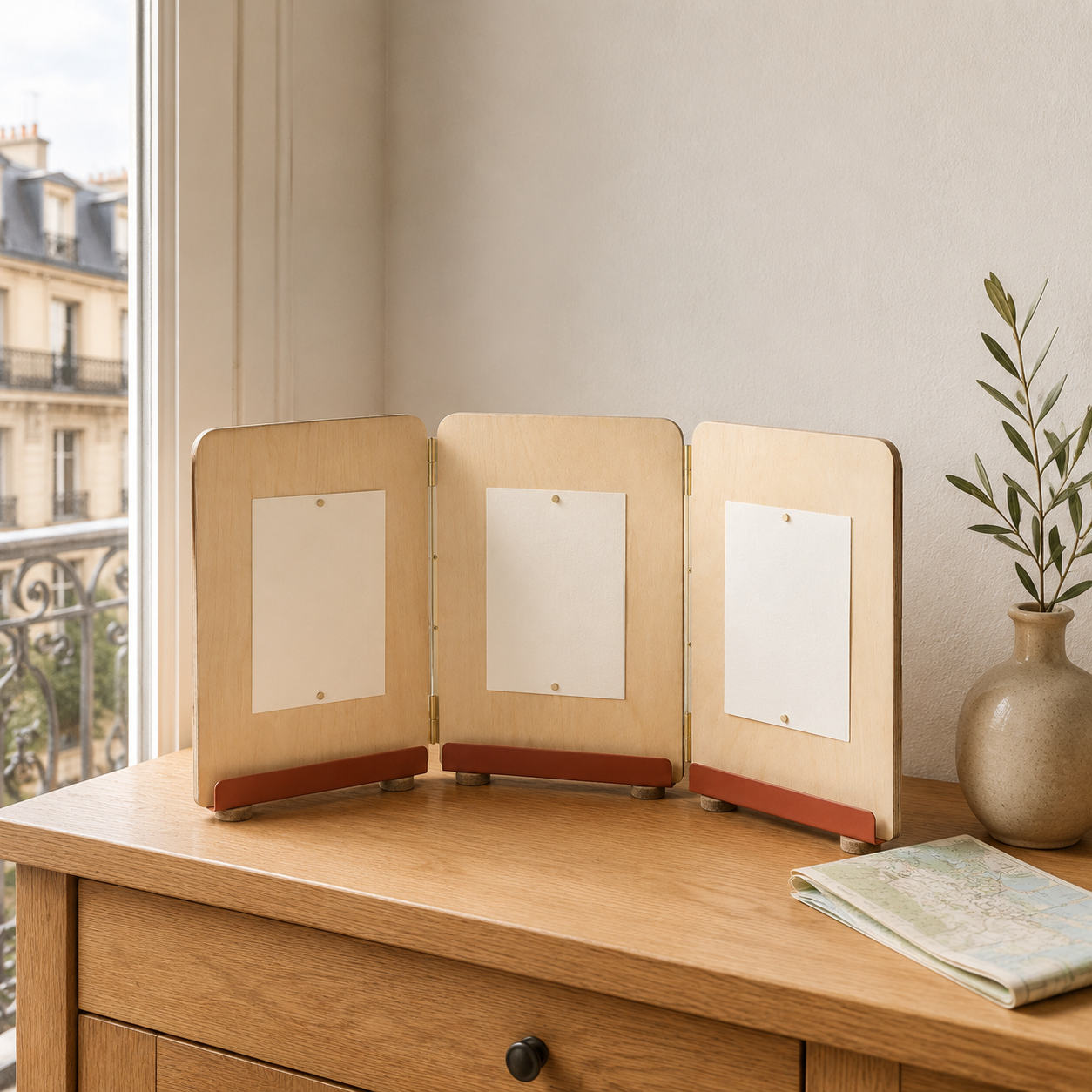 Présentoir de table pliable à 3 volets en bois – 26 × 16 cm