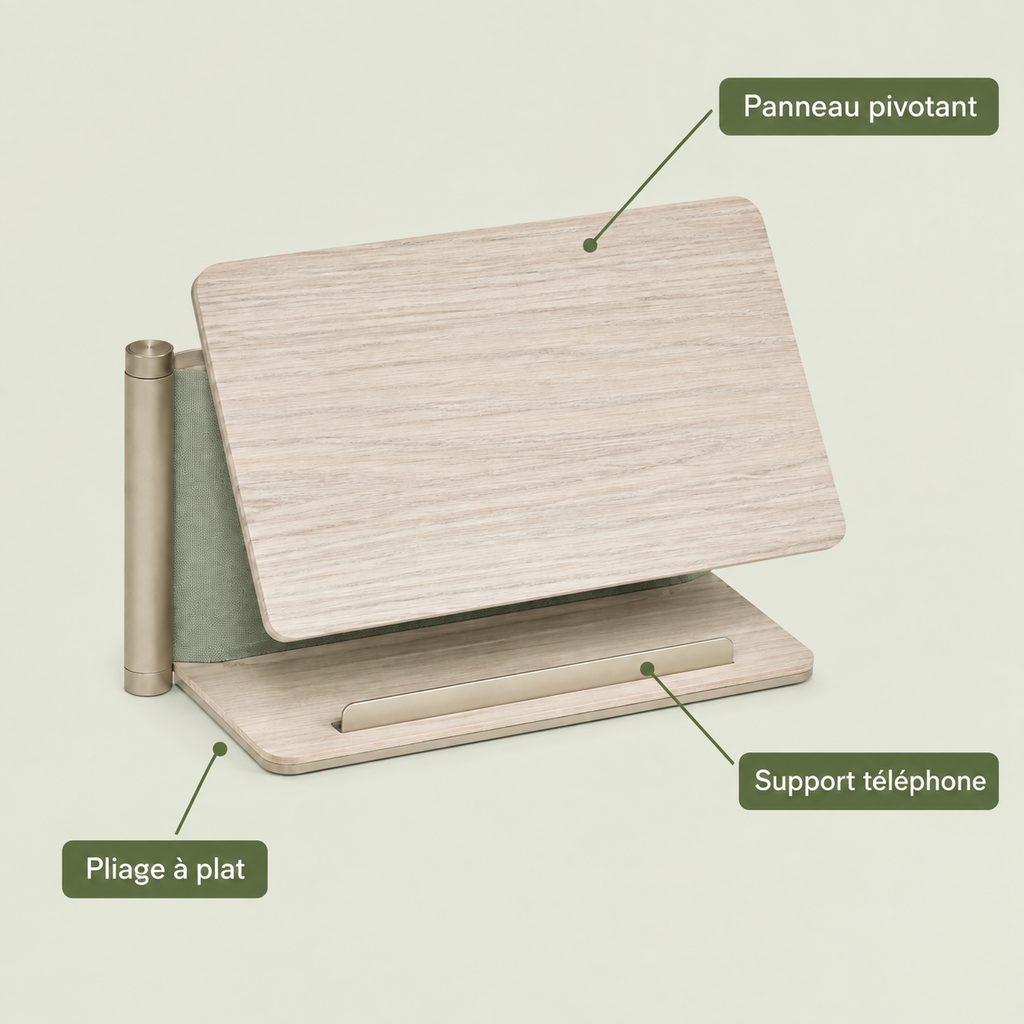 Porte-livret d’accueil pliable en frêne avec support téléphone – 24 × 18 cm