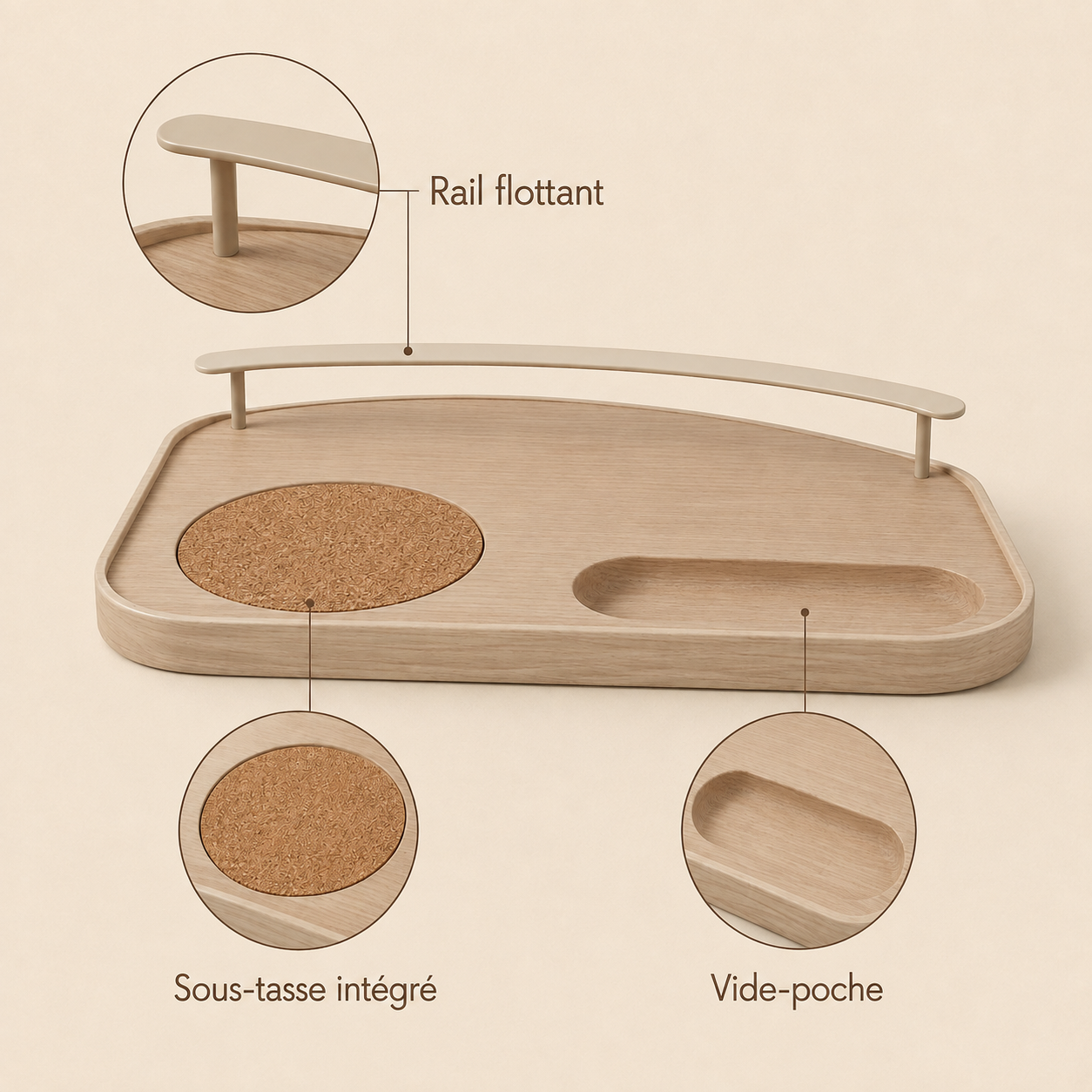 Plateau d’accueil en frêne avec sous-tasse et vide-poche – 38 × 24 cm
